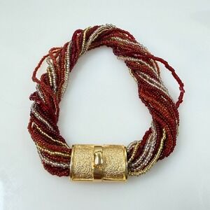 Murano Glass Bracelet Multi Strand Micro Seed Beads Torsade Red Silver Gold 7.25